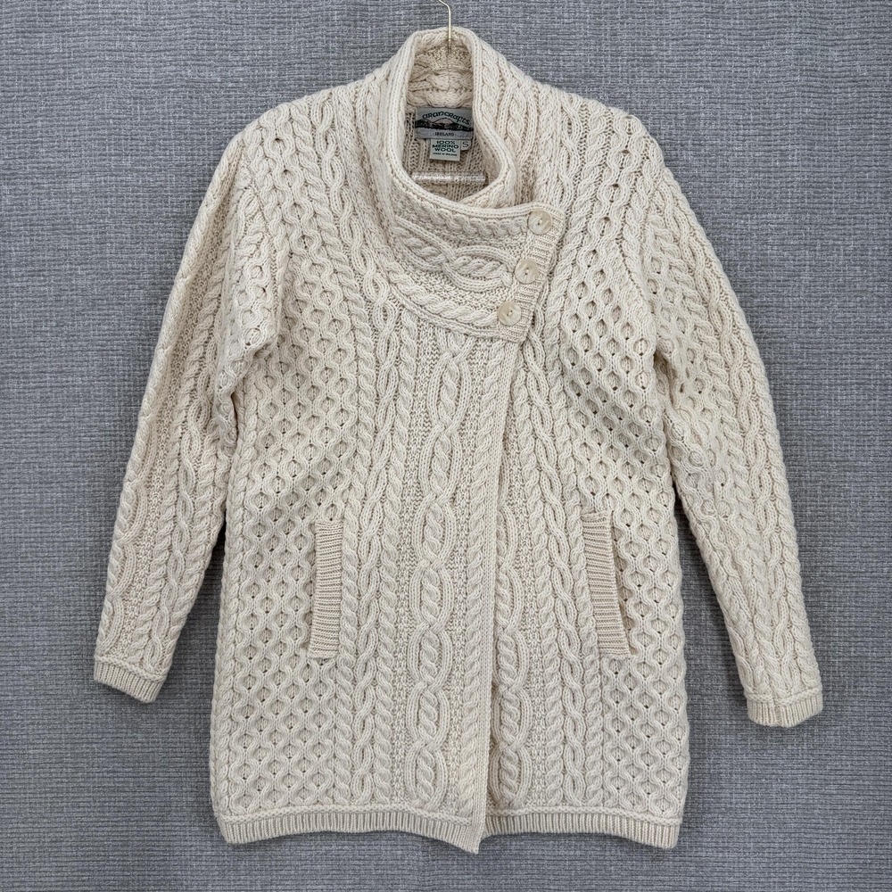 Aran Crafts Sweater Cardigan Womens Small White 100% Merino‎ Wool Ireland Cable